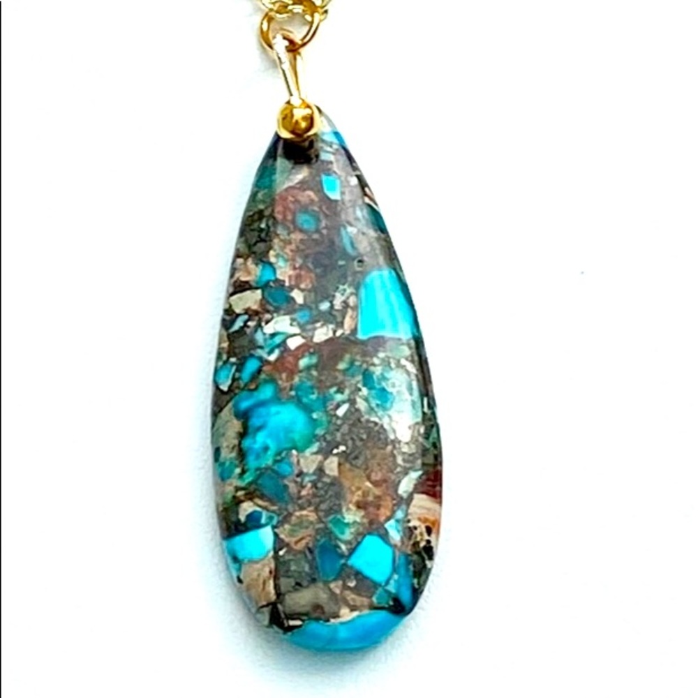 Long Tear Drop Jasper Necklace, Hand Made, Gold Plated.
